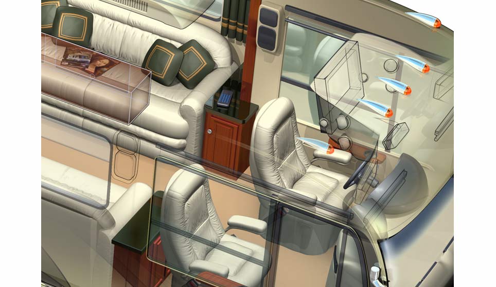 3D RV Motorhome Cutaway Interior Driver's Cab.