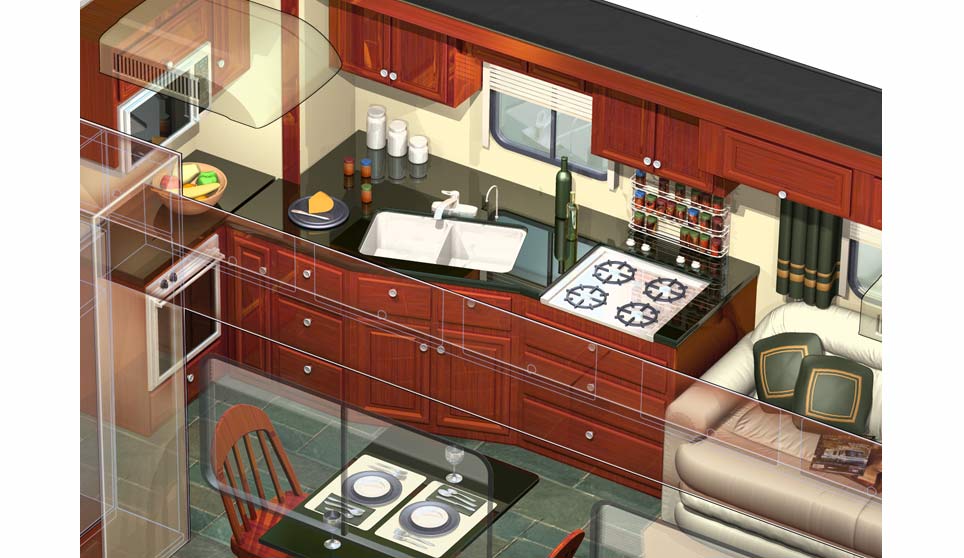 3D RV Motorhome Cutaway Interior Kitchen.