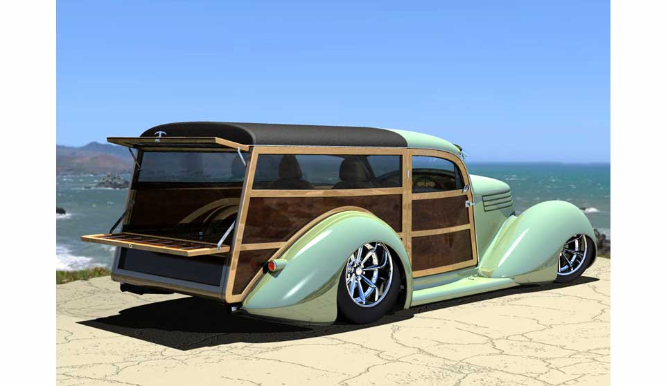 3D Custom Cutaway Woody Beach Cruiser On the Beach rear View.