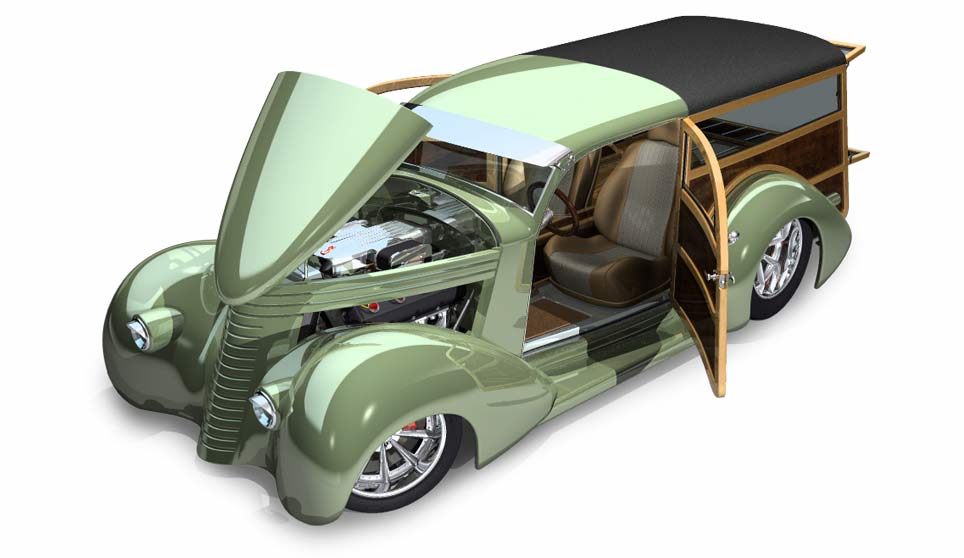 3D Custom Woody Beach Cruiser With Doors, Hood and Tailgate Open.